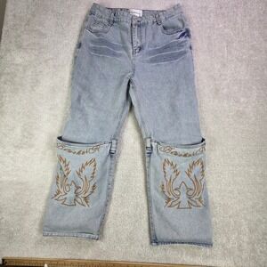 Made‎ Extreme Cowboy Cuff Embroidered Jeans Size 32x25 Black Air Streetwear